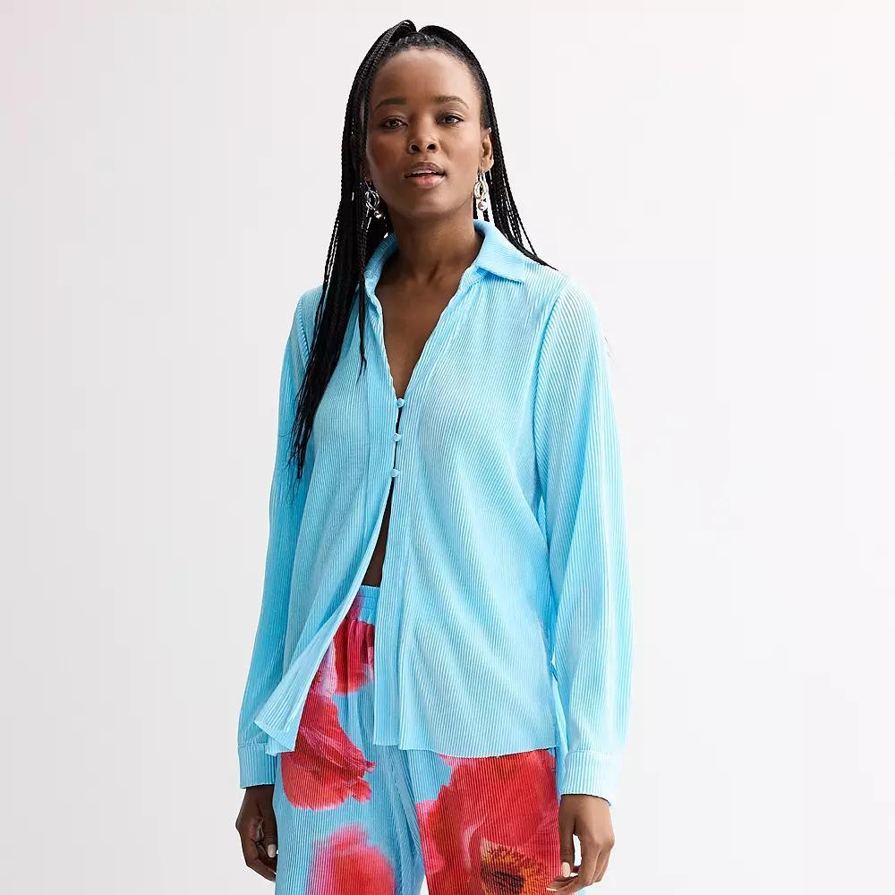 Women's INTEMPO™ Plisse Print Button Front Shirt, Size: XL, Blue Product Image