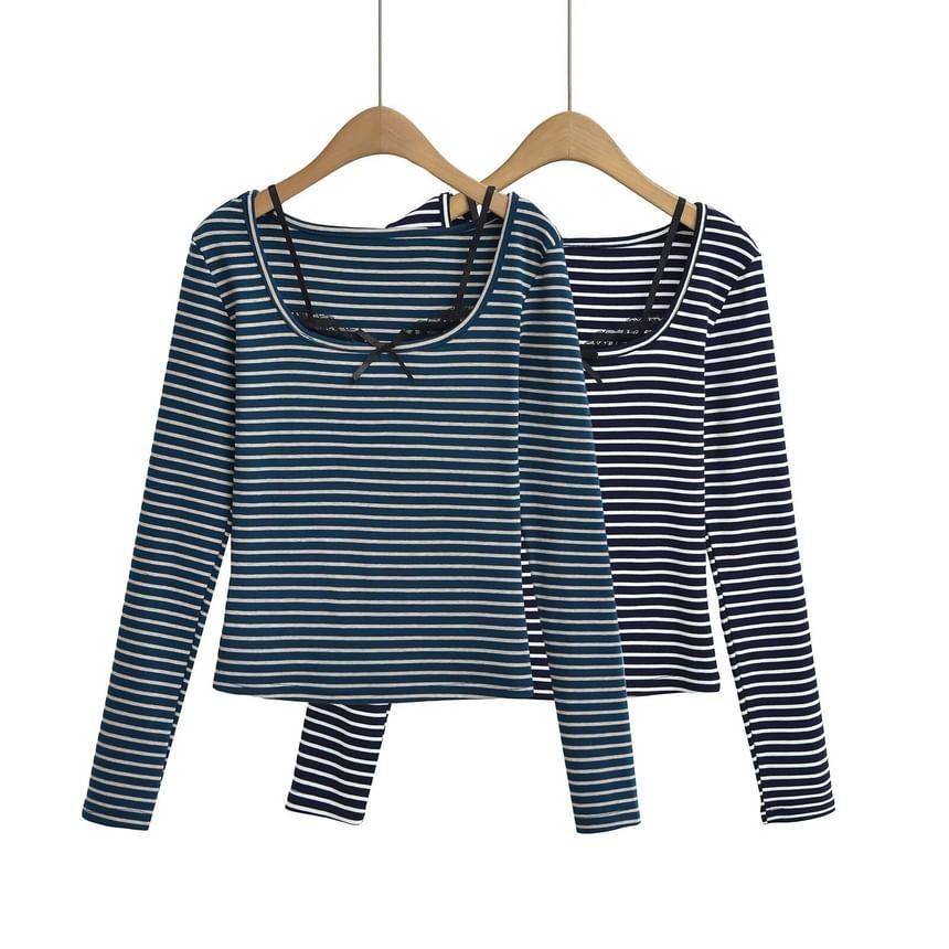 Long Sleeve Lace Panel Striped Slim-Fit Crop T-Shirt Product Image