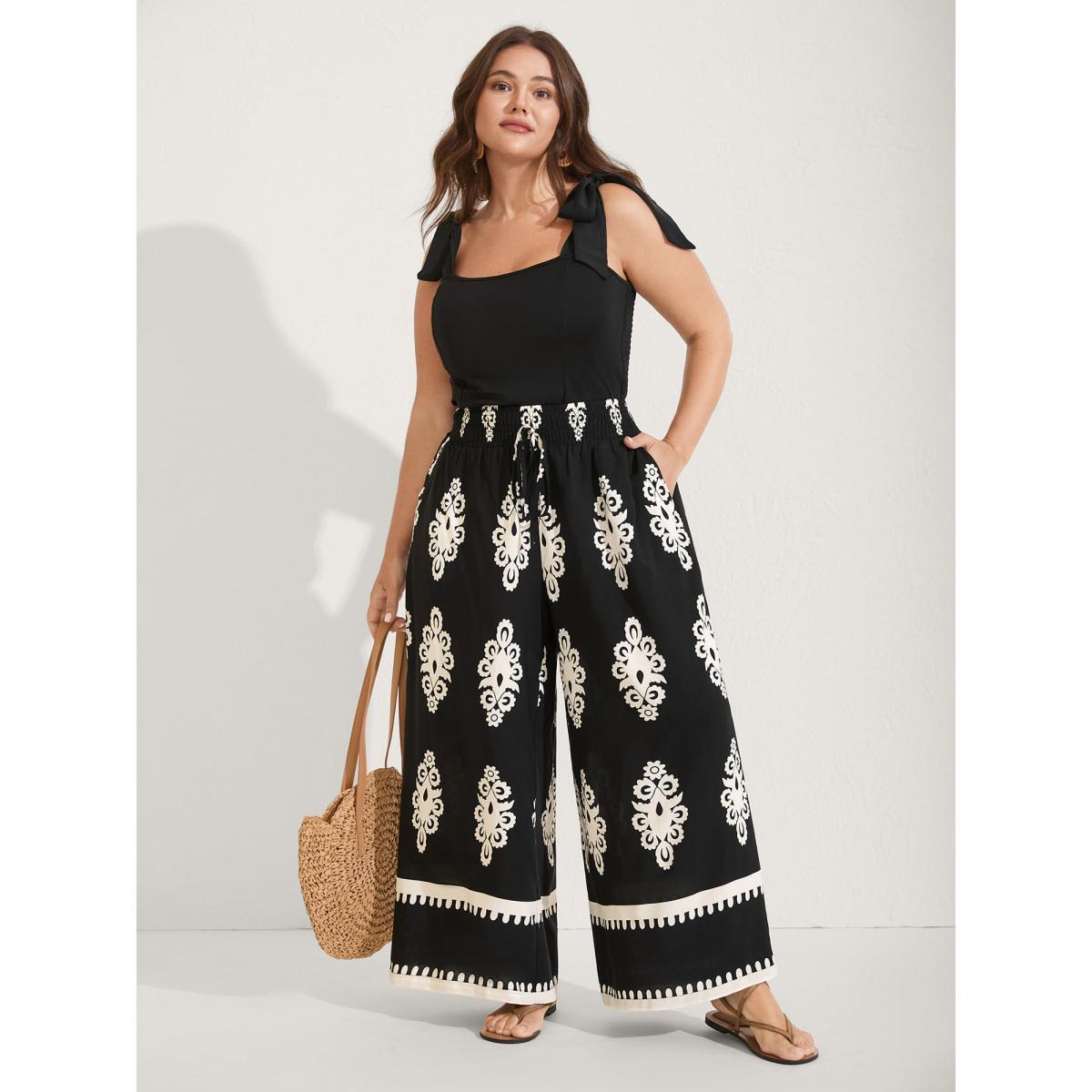 Plus Size Ornate Print Shirred Wide-Leg Pants Women Black Resort Wide Leg Mid Rise Vacation Pants BloomChic 26/4X Product Image