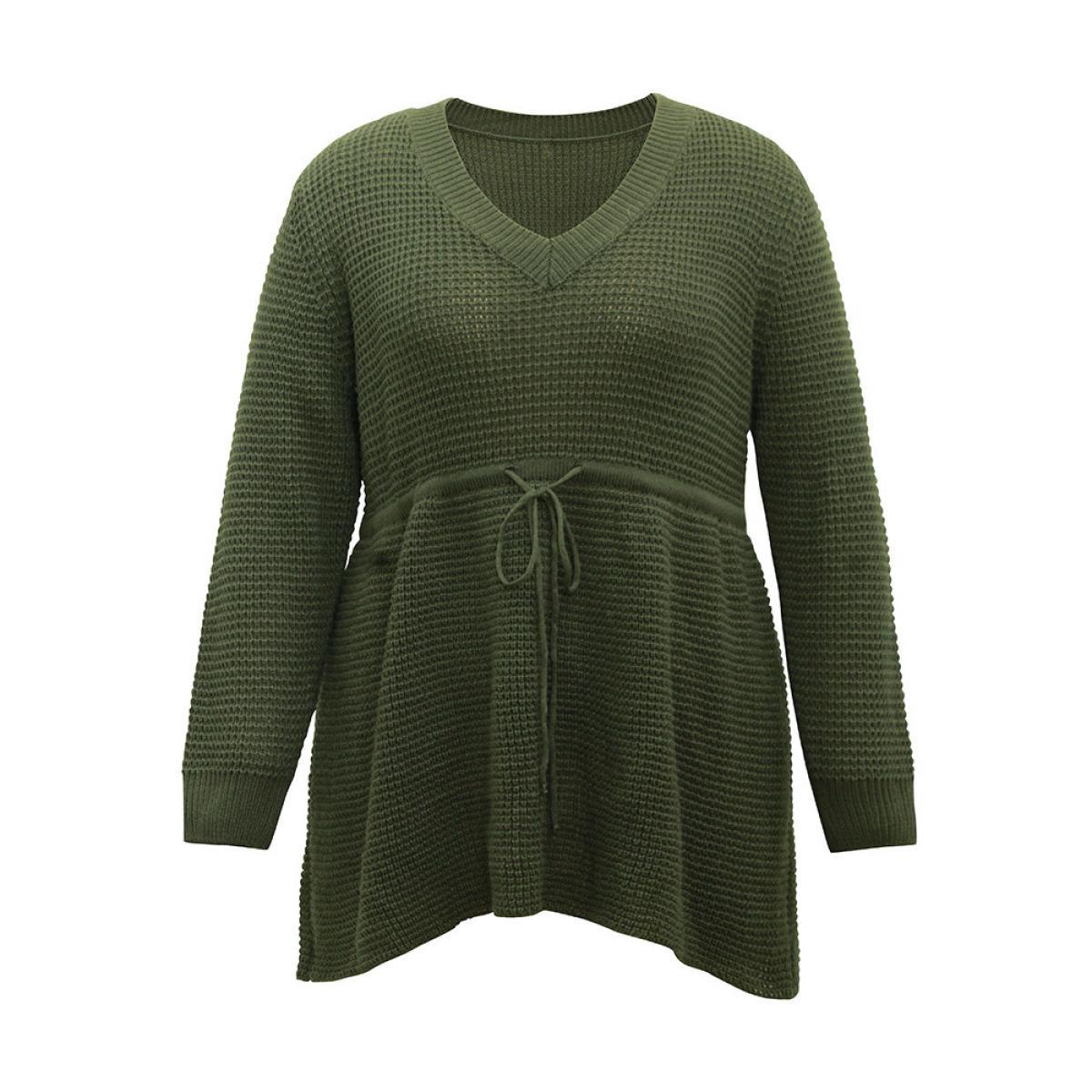 Plus Size Solid Drawstring Curved Hem Knit Pullover ArmyGreen Women Casual Long Sleeve V-neck Everyday Pullovers BloomChic 10/M Product Image