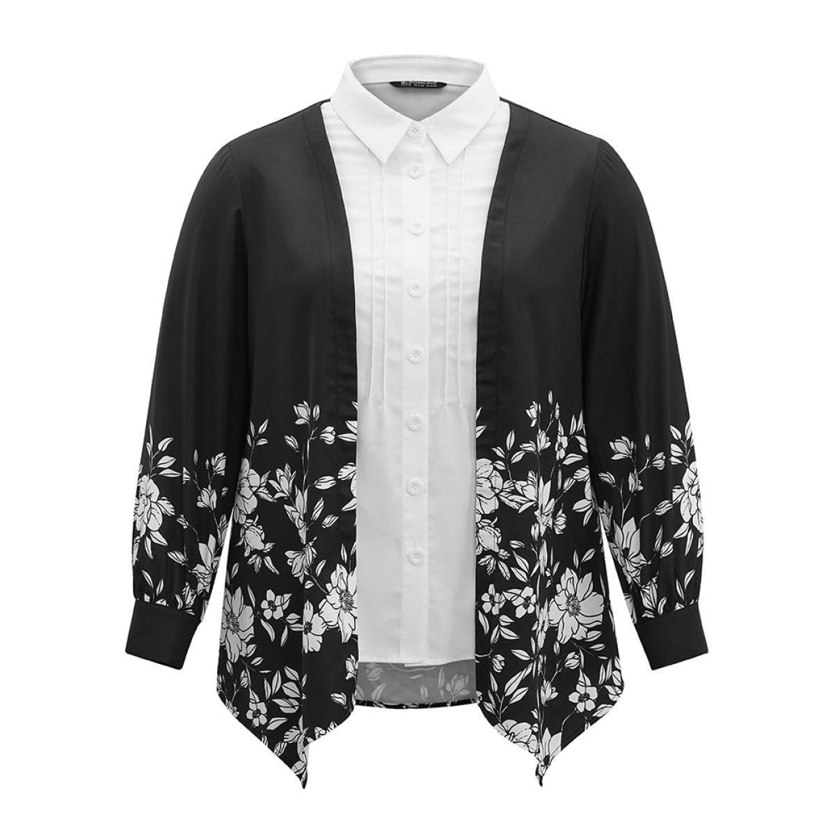 Plus Size Black Boho Print Patchwork Asymmetrical Hem Pleated Blouse Women Elegant Long Sleeve Shirt collar Work Blouses BloomChic 22-24/3X Product Image