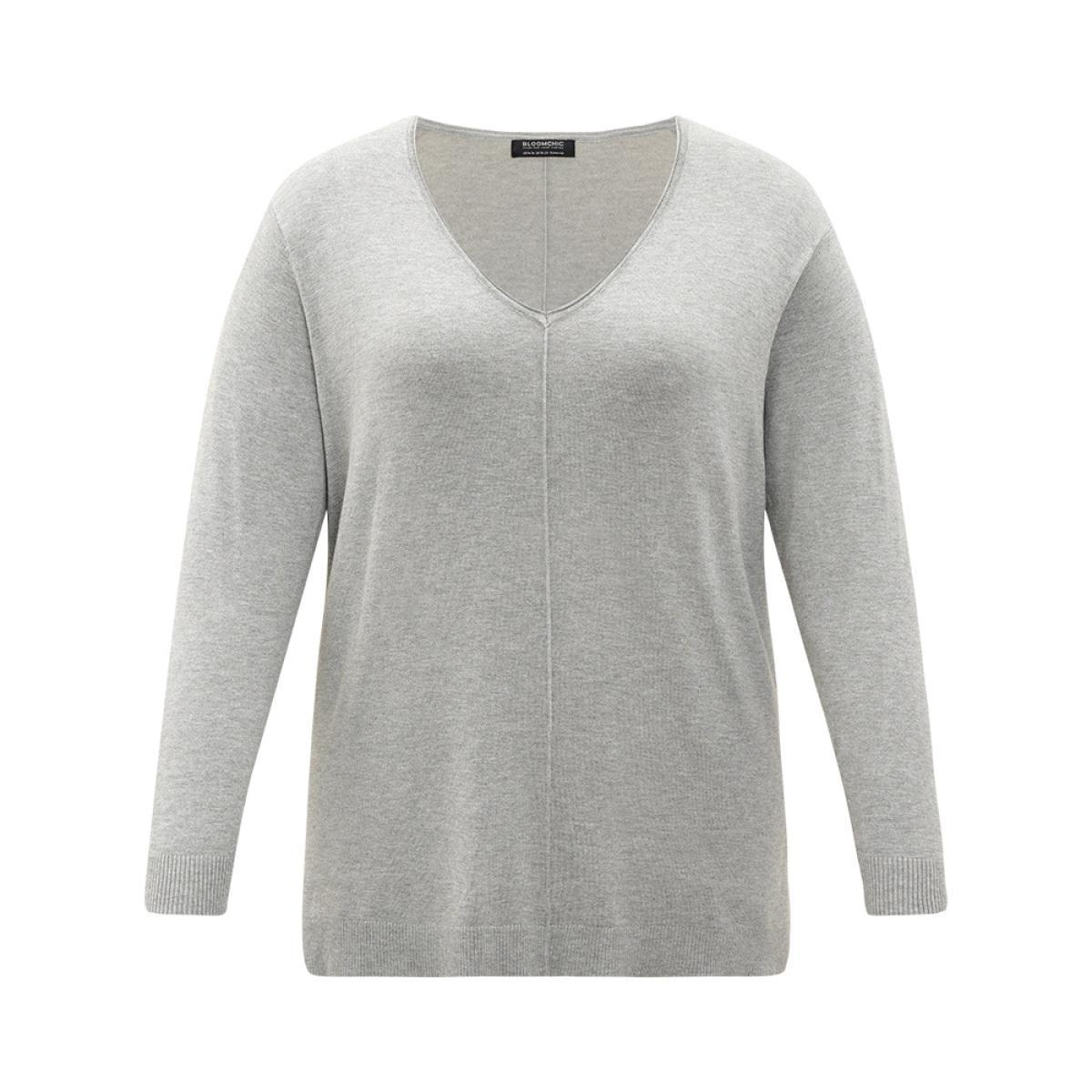 Plus Size Supersoft Essentials Plain Patchwork Split Side Pullover LightGray Women Casual Loose Long Sleeve V-neck Everyday Pullovers BloomChic 14-16/1X Product Image