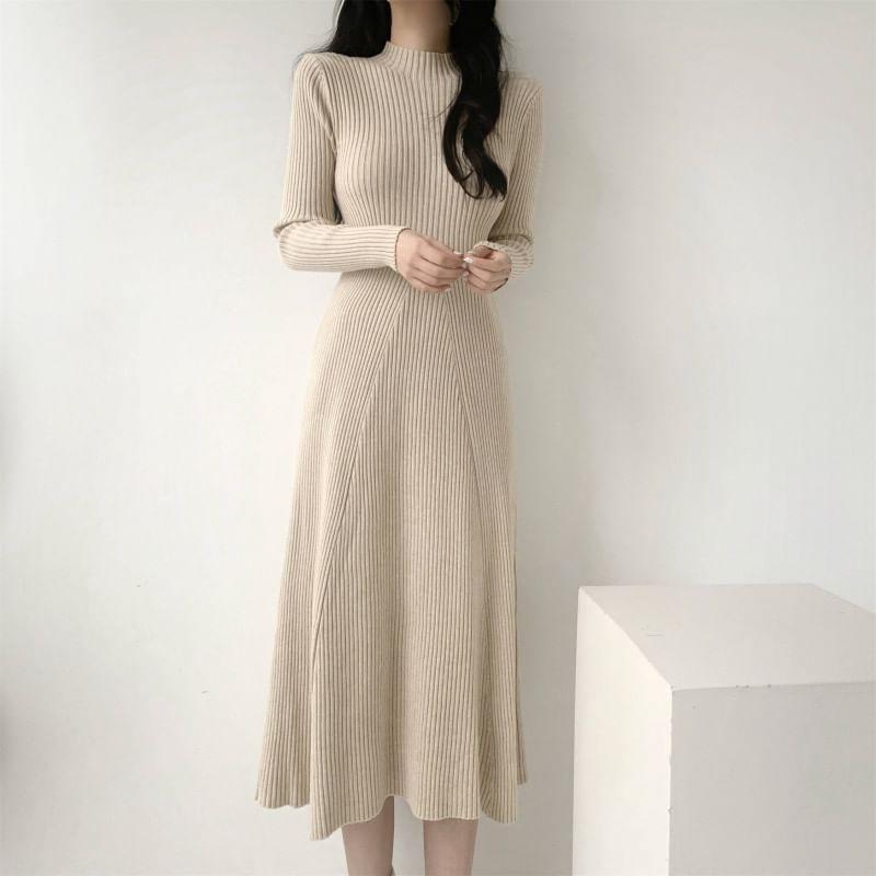 Long-Sleeve Mock Neck Knit Plain Midi A-Line Dress Product Image