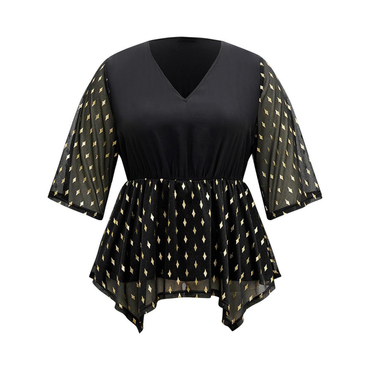 Plus Size Black Glitter Patchwork Mesh Hanky Hem Blouse Women Glamour Elbow-length sleeve V-neck Festival-Christmas Blouses BloomChic 10/M Product Image