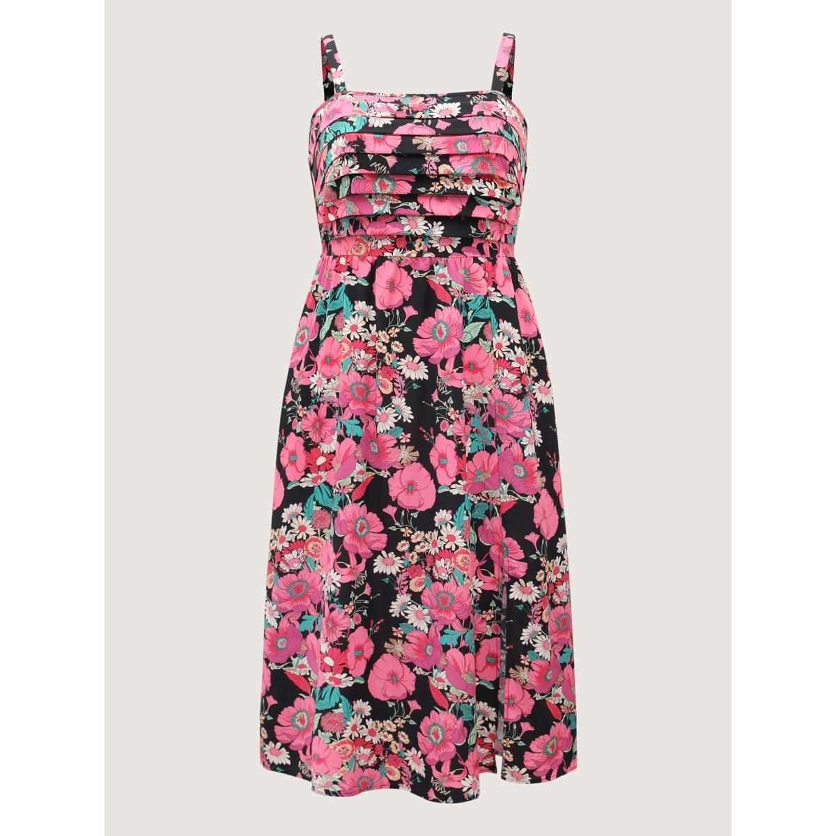 Plus Size Pleated Side Pockets Floral Midi Dress Black Women Tucked seam Non Sleeveless Curvy BloomChic 26/4X Product Image