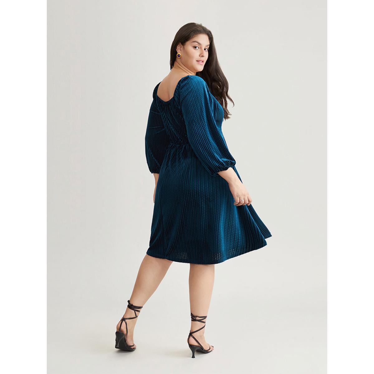 Plus Size Velvet Plisse Pocket Square Neck Dress Indigo Women Elegant Velvet Square Neck Long Sleeve Curvy Midi Dress BloomChic 10/M Product Image