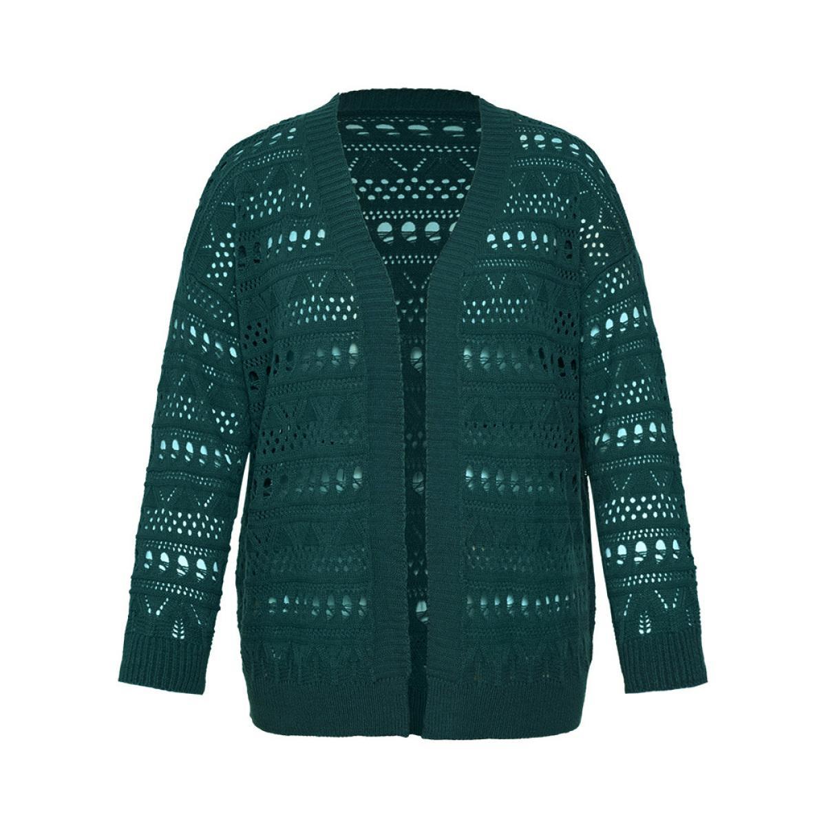 Plus Size Geometric Eyelet Open Front Loose Cardigan Cyan Women Casual Loose Long Sleeve Work Cardigans BloomChic 10/M Product Image