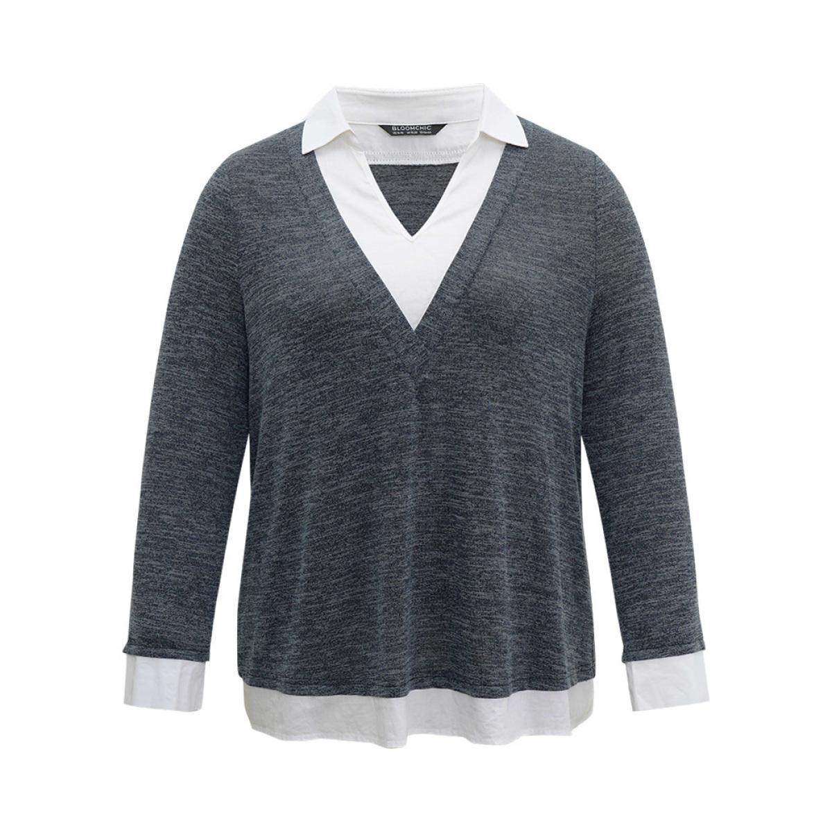 Plus Size 2-In-1 Contrast Patchwork Lapel Collar T-shirt Navy Women Casual Contrast Plain Lapel Collar Dailywear T-shirts BloomChic 30/6X Product Image