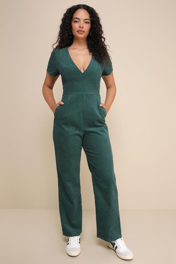 Absolute Cutest Dark Green Corduroy Short Sleeve Jumpsuit Product Image