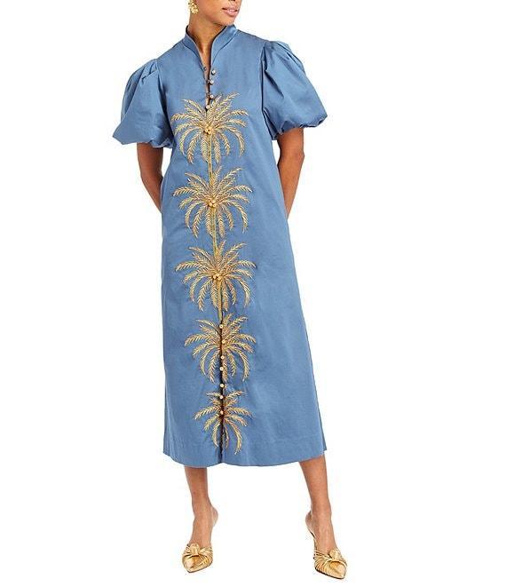 Mestiza New York Elliana Poplin Palm Leaf Embroidery Mandarin Collar Short Puff Sleeve Midi Dress Product Image
