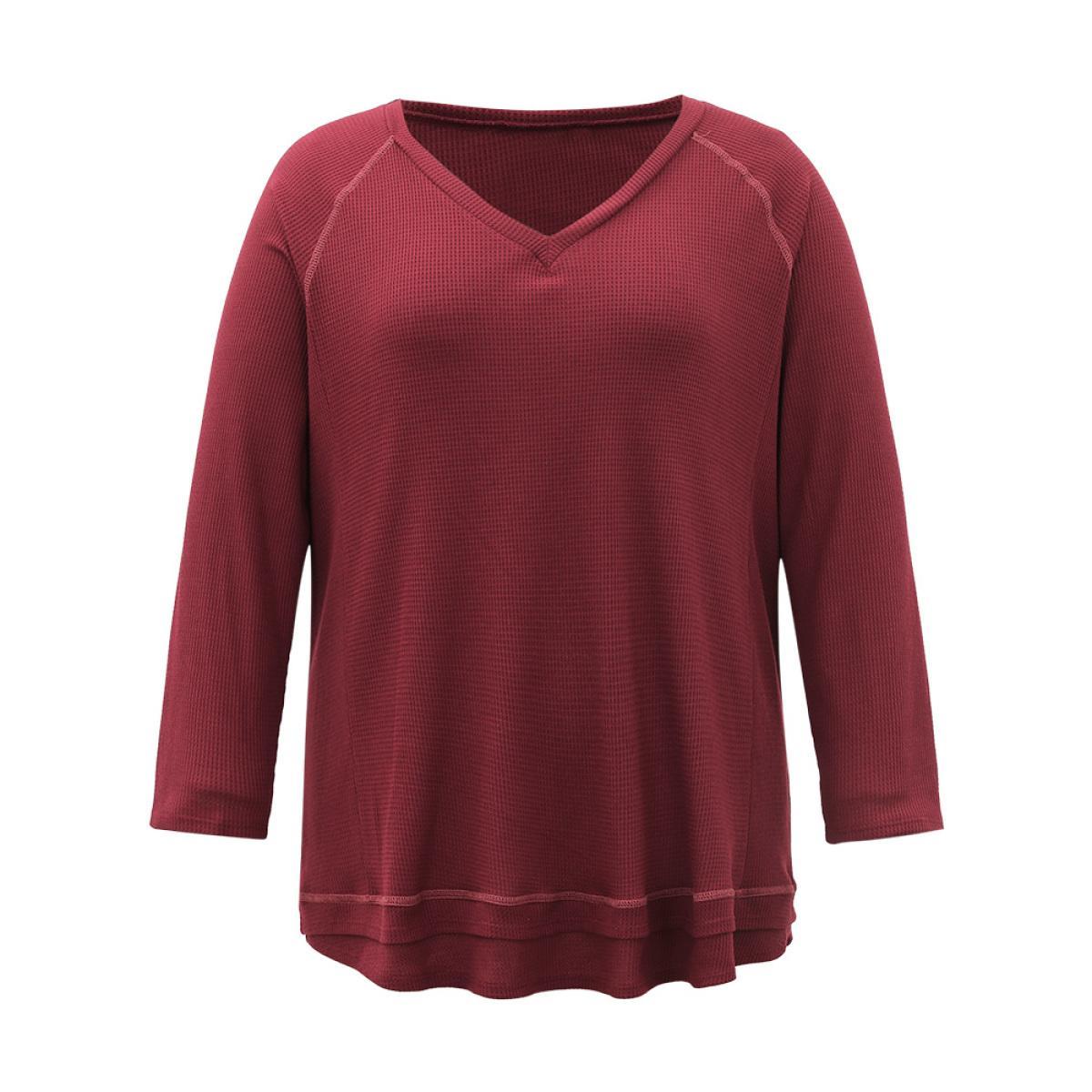 Plus Size Plain Textured Stitch Raglan Sleeve Sweatshirt Women Burgundy Casual Plain V-neck Everyday Sweatshirts BloomChic 14-16/1X Product Image
