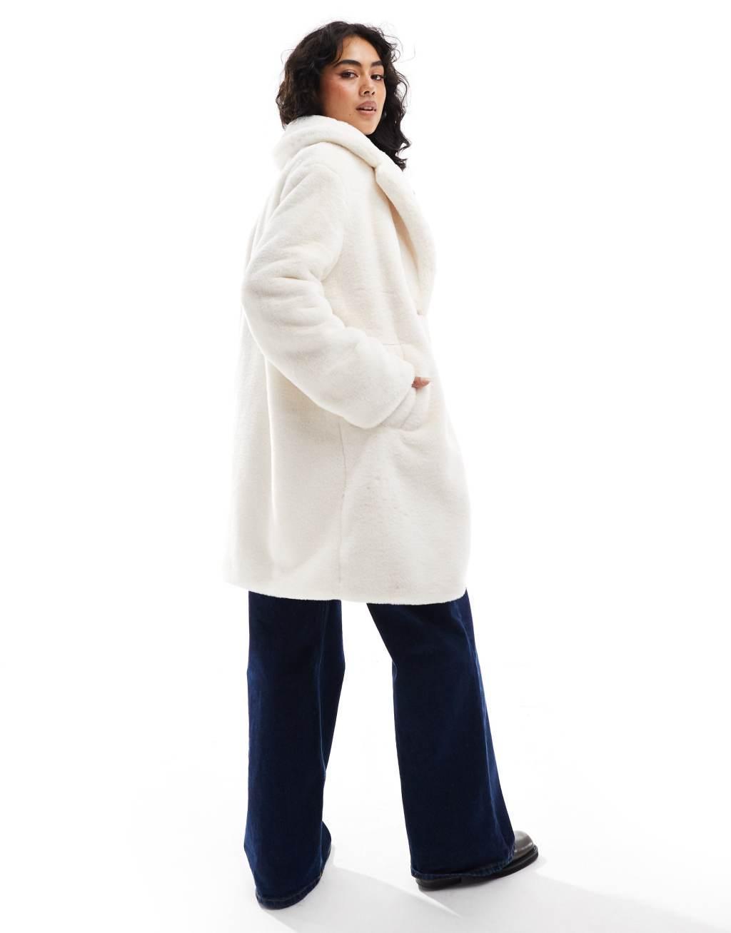 Bershka soft faux fur longline coat in ecru Product Image