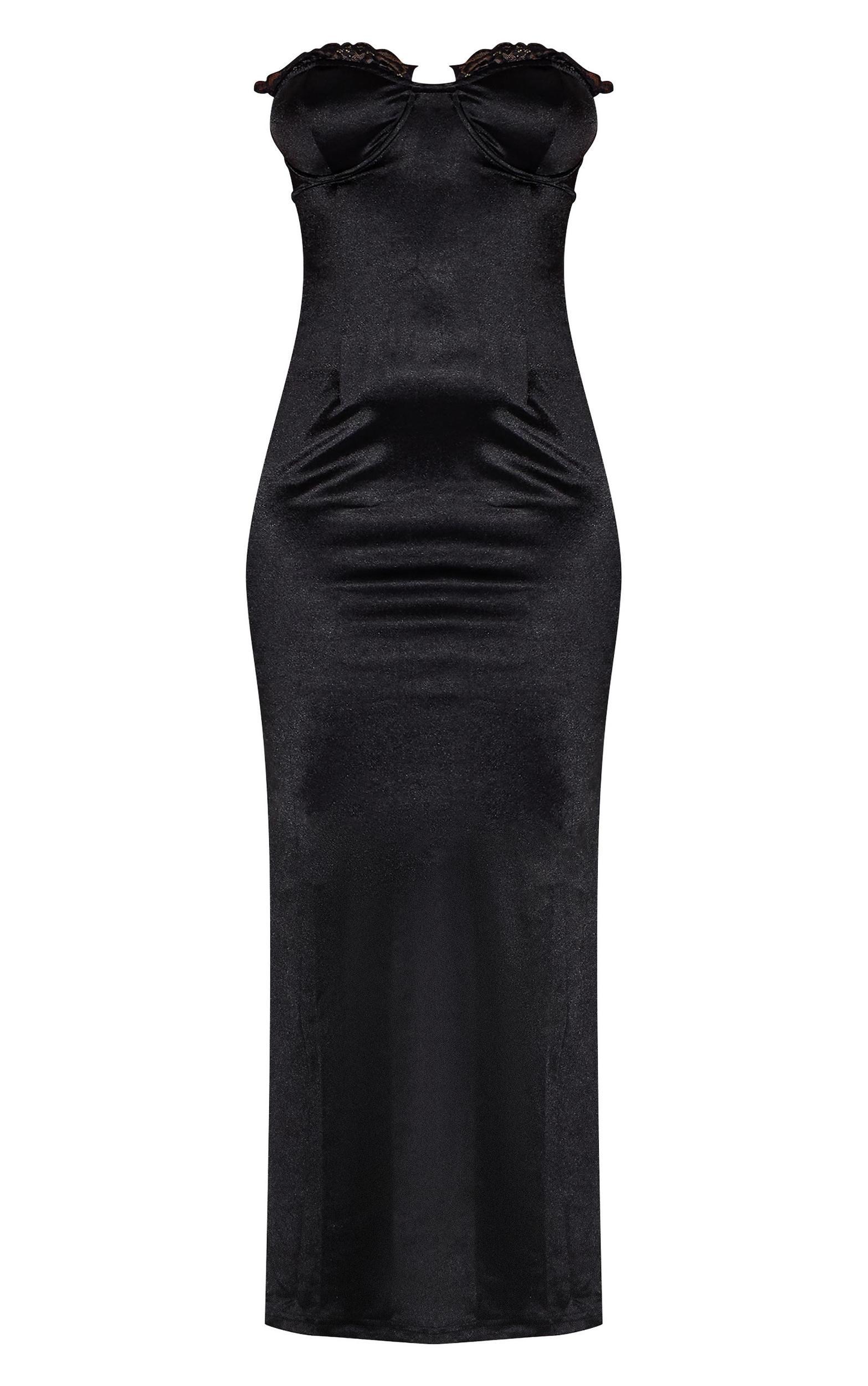 Shape Black Satin Lace Trim Tie Back Maxi Dress Product Image