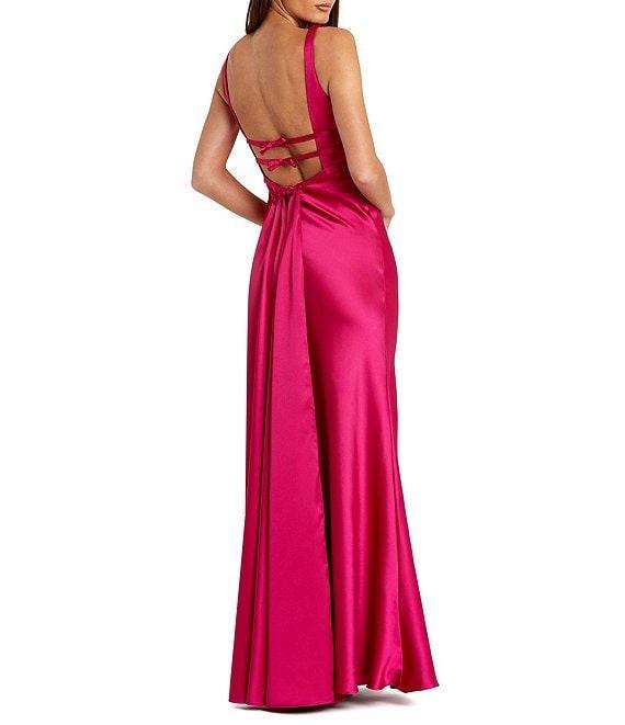 Mac Duggal V-Neck Sleeveless Bow Trim Satin Sheath Gown Product Image