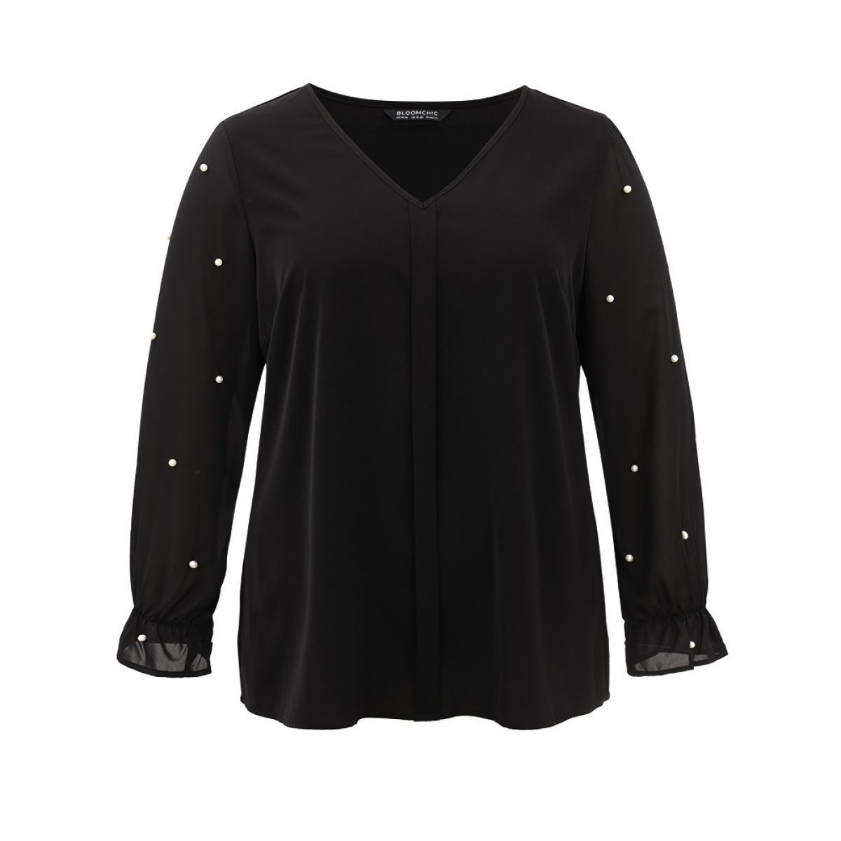 Plus Size Black Pearl Beaded Mesh Patchwork Ruffles Blouse Women Cocktail Long Sleeve V-neck Party Blouses BloomChic 14-16/1X Product Image