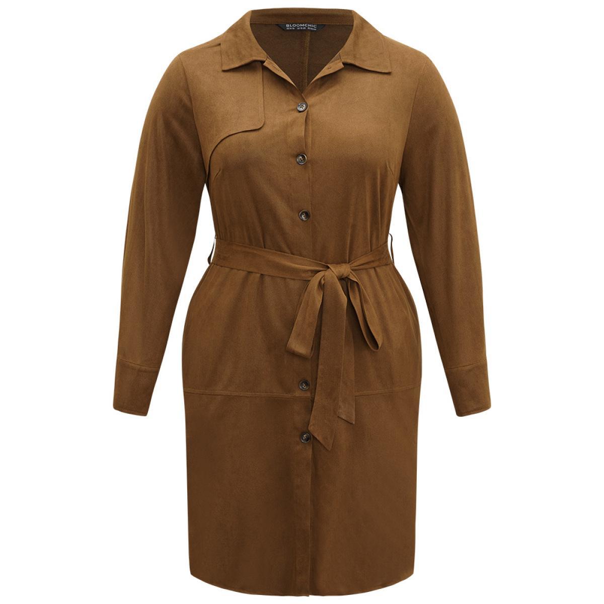 Plus Size Plain Split Hem Button Through Belted Dress Bronze Women Office Plain Shirt collar Long Sleeve Curvy Knee Dress BloomChic 18-20/2X Product Image