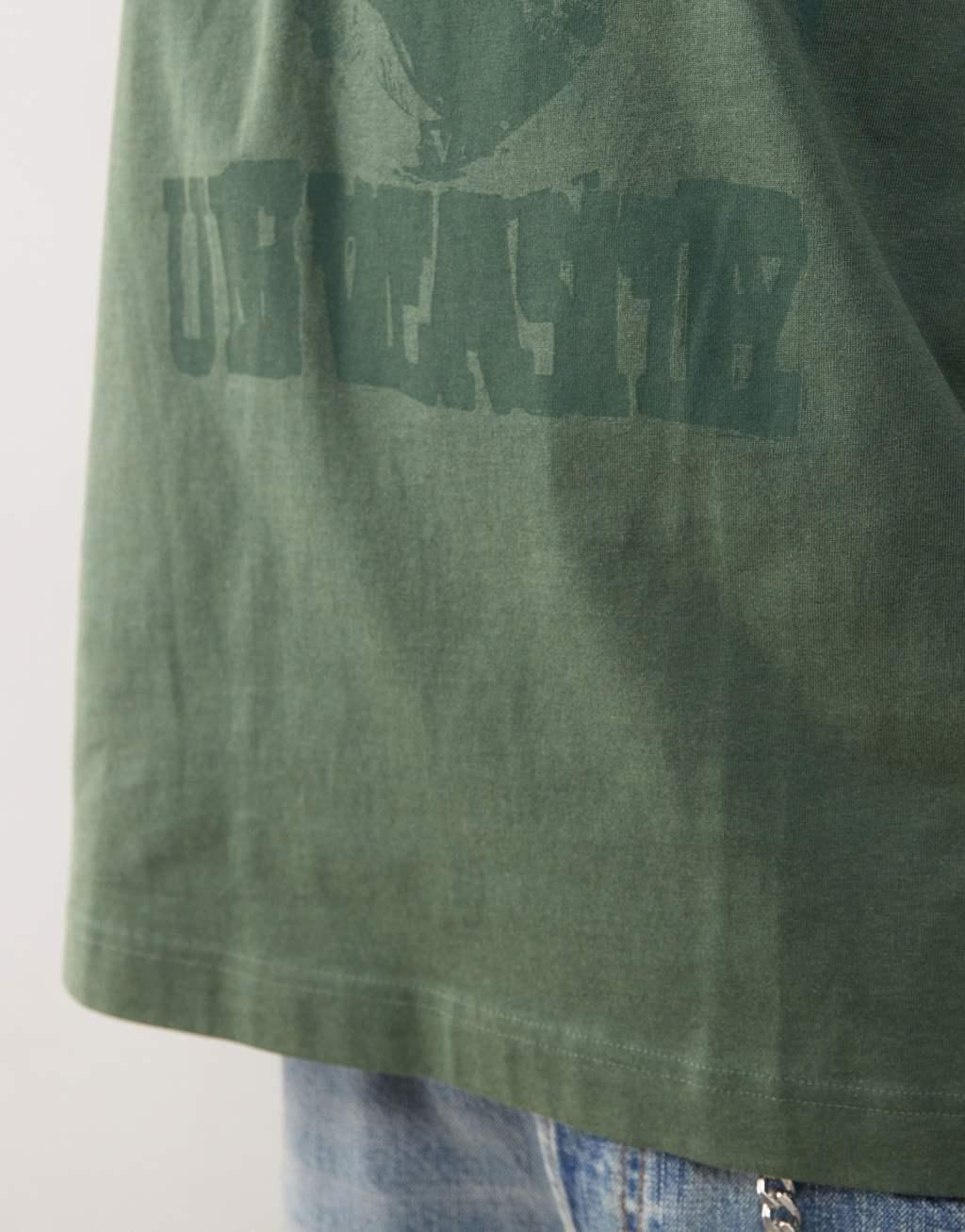 Weekday oversized t-shirt with college graphic print in washed green Product Image