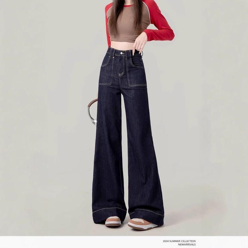 High Waist Contrast Stitched Wide Leg Jeans Product Image