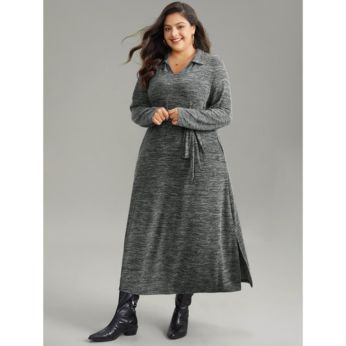 Plus Size Solid Pocket Elastic Waist Ties Split Hem Dress DimGray Women Casual Plain Lapel Collar Long Sleeve Curvy Midi Dress BloomChic 22-24/3X Product Image