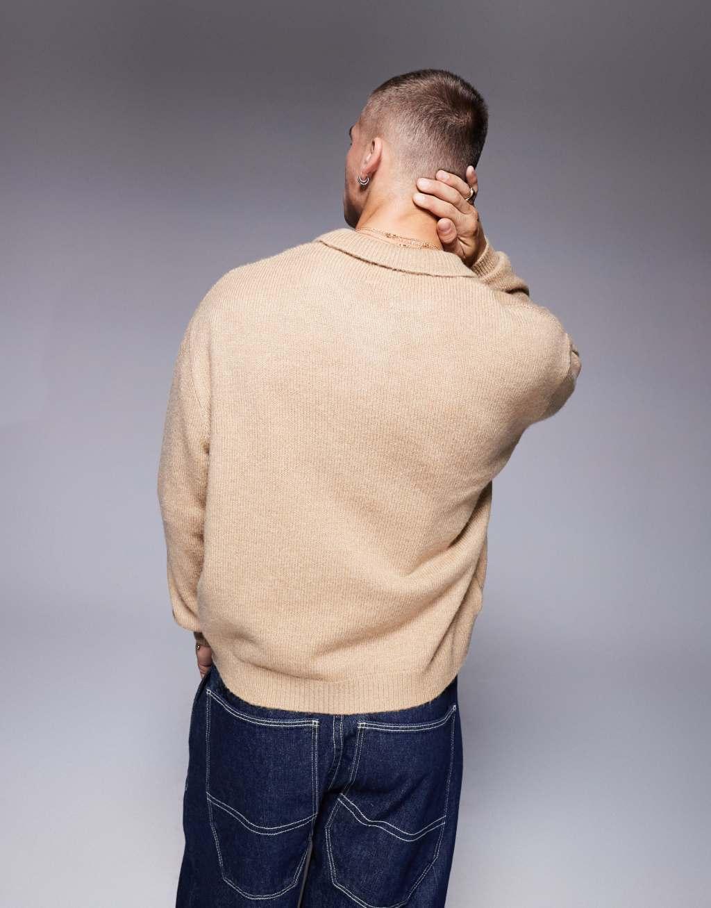 ASOS DESIGN oversized boxy fit knit polo shirt in stone Product Image