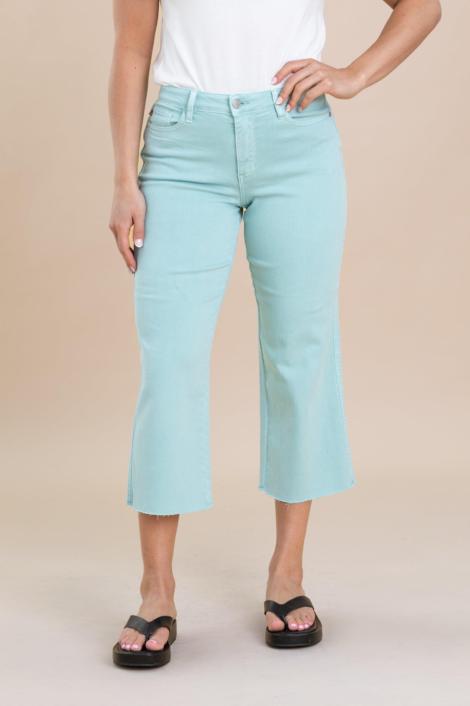 Judy Blue Light Mint Dyed Hem Crop Wide Jeans Product Image