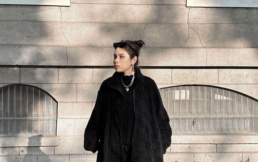 Stand Collar Plain Fleece Midi Zip Coat Product Image