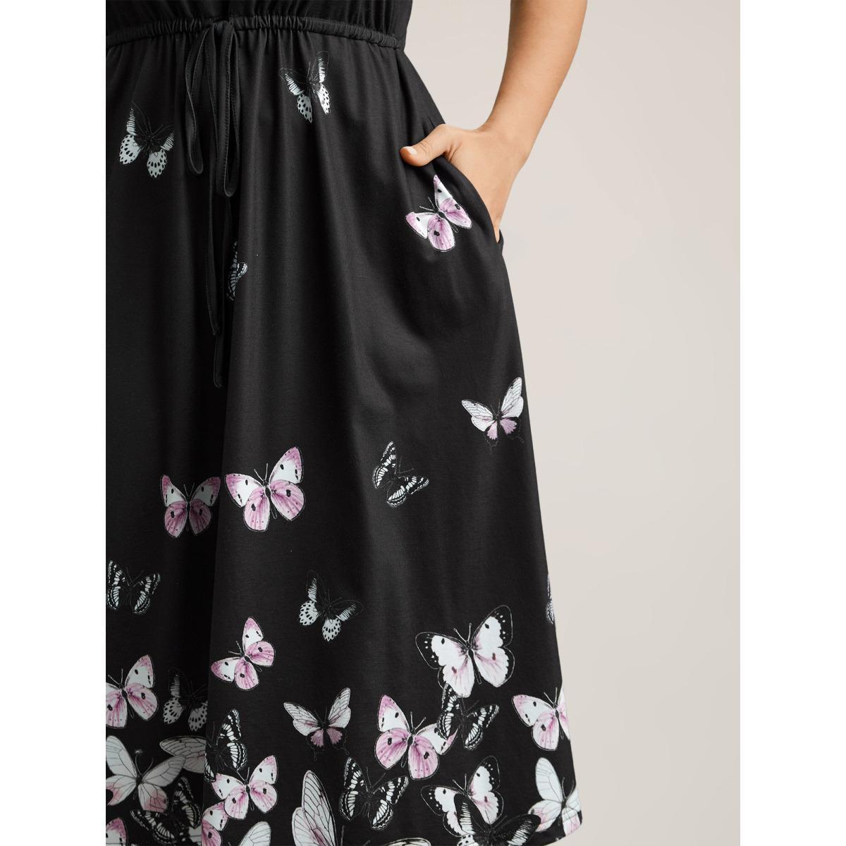 Plus Size Butterfly Print Waist-Tie Midi Dress BlackFlower Women Casual Drawstring Knit Dresses Bloomchic 22-24/3X Product Image