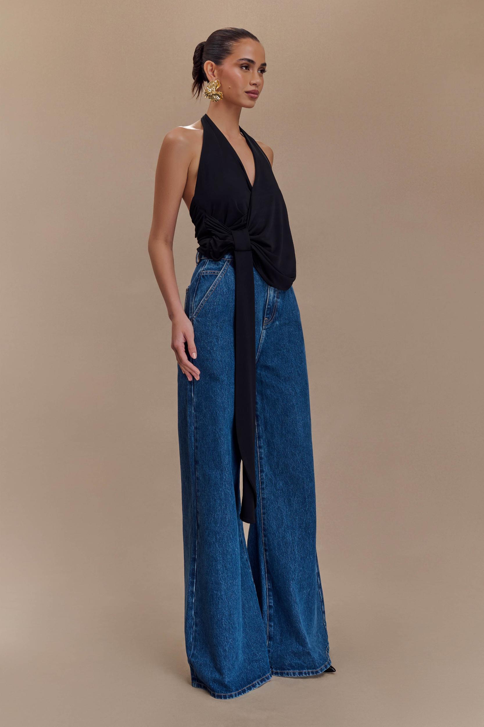 Tyla Draped Slinky Halter Top - Black Product Image