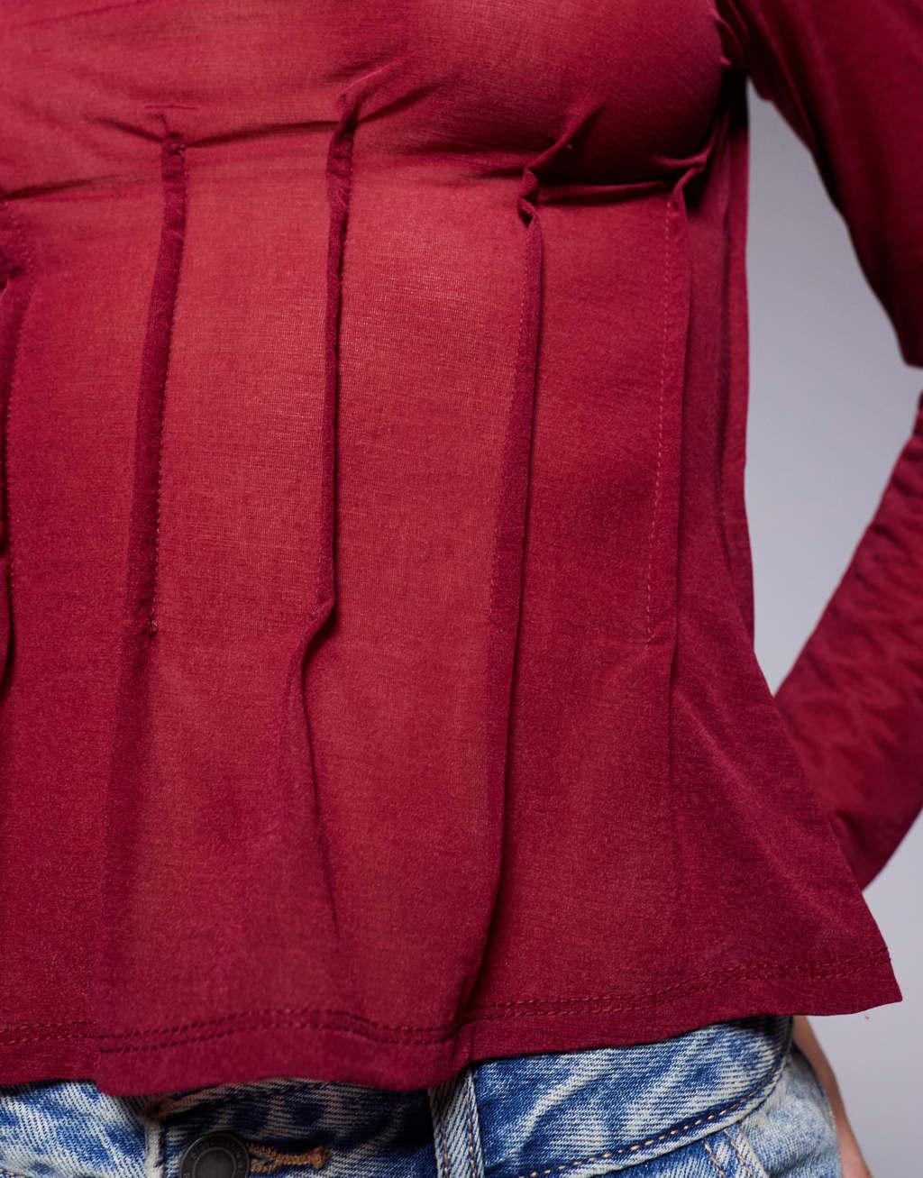 ASOS DESIGN mesh dart detail long sleeve top in burgundy Product Image