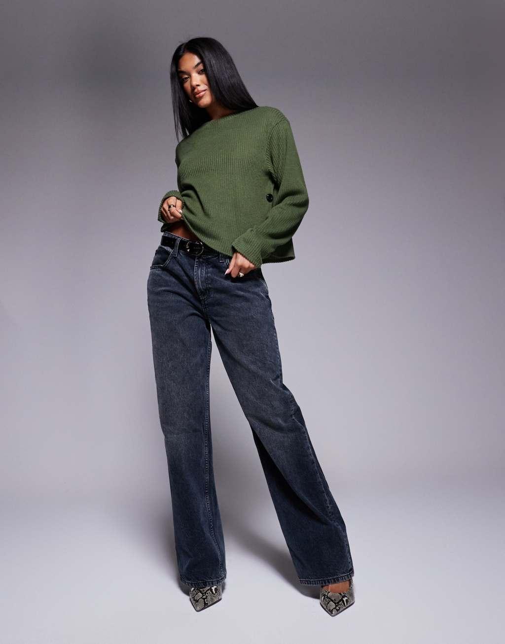 ASOS DESIGN side split contrast button brushed rib top in khaki Product Image