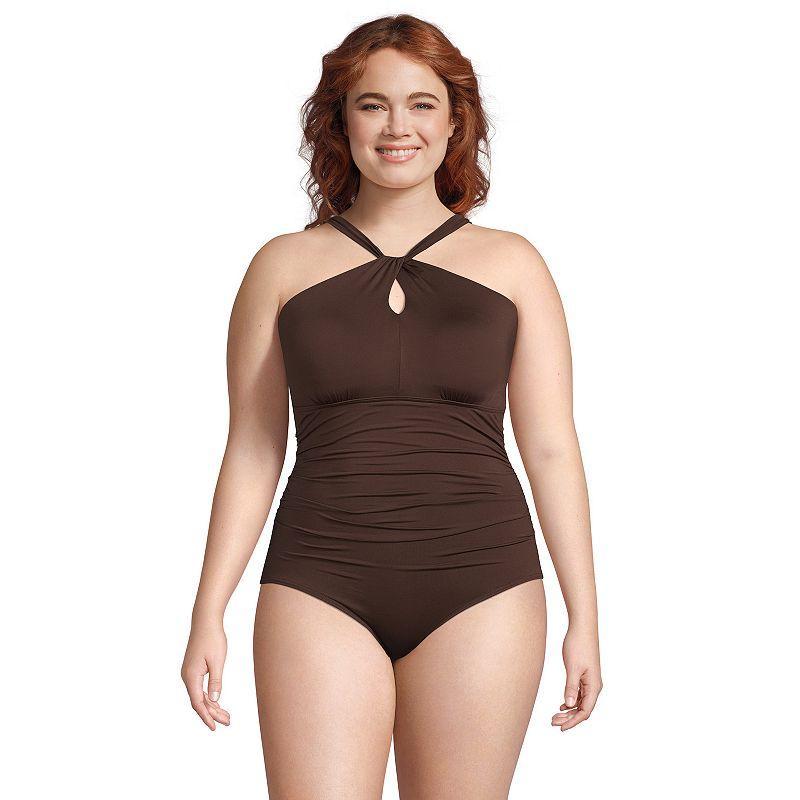 Plus Size Lands End Chlorine Resistant High Neck One-Shoulder Multi-Way One-Piece Swimsuit, Womens Product Image