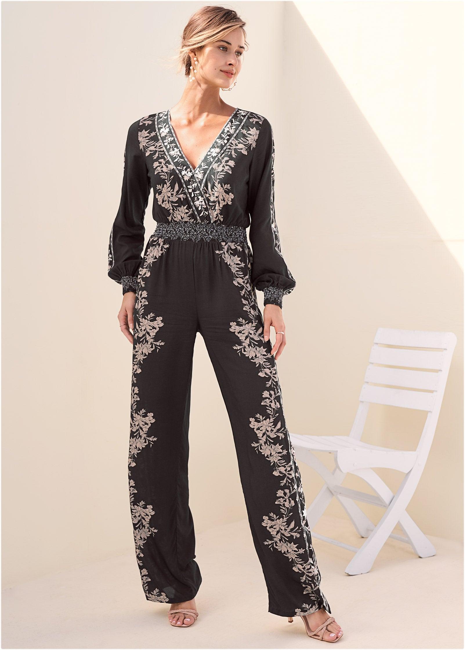 Leaf Print Smocked Jumpsuit - Black Multi Product Image