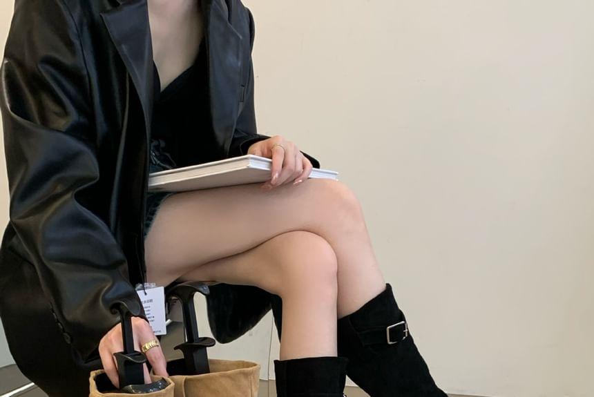 Block Heel Square Toe Plain Buckled Faux Suede Flip-Flops Mid-Calf Boots Product Image