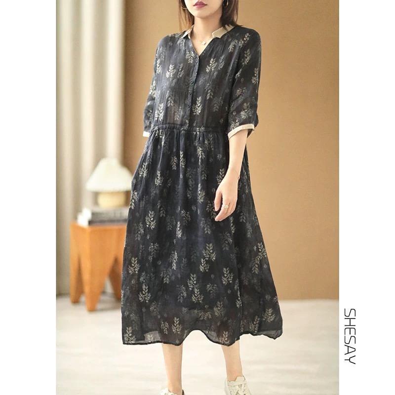 Elbow-Sleeve V-Neck Print Midi A-Line Dress Product Image