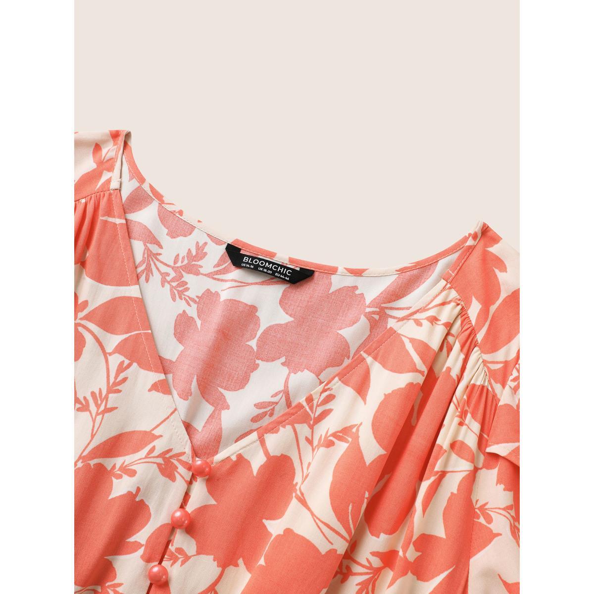 Plus Size Silhouette Floral Print Lace Trim Petal Sleeve Dress Salmon Women Resort Overlapping V-neck Cap Sleeve Curvy Midi Dress BloomChic 30/6X Product Image