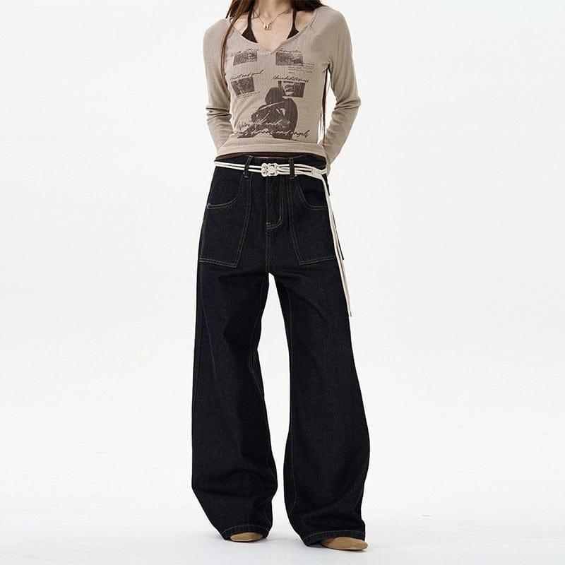 RT No. 12081 BLACK RETRO DENIM STRAIGHT JEANS Product Image