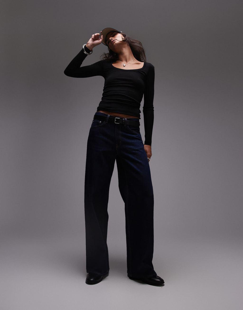 ARKET wool fitted top with long sleeves and scoop neck in black Product Image