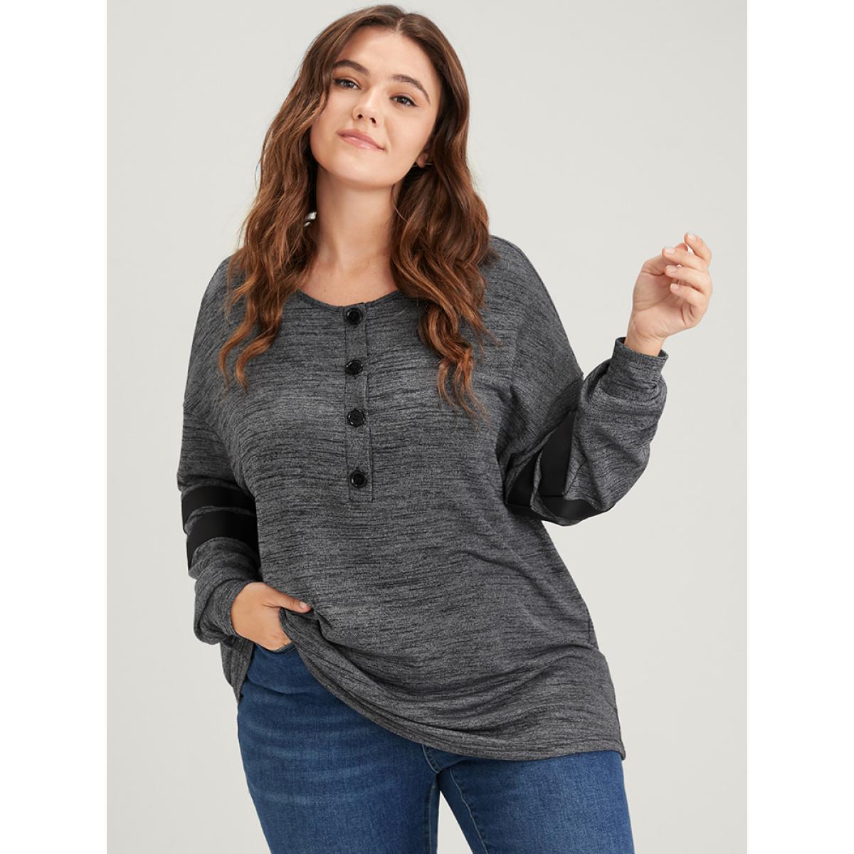 Plus Size Plain Contrast Button Up Round Neck Sweatshirt Women DimGray Casual Contrast Round Neck Dailywear Sweatshirts BloomChic 12/L Product Image