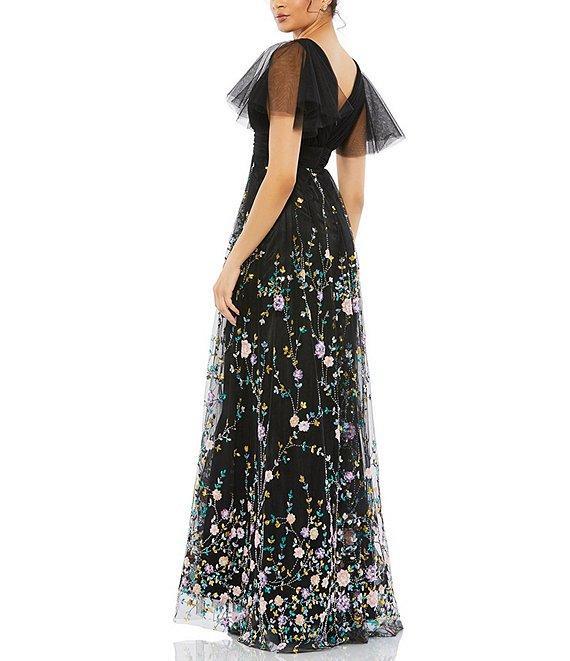 Mac Duggal Floral Embellished Illusion Short Butterfly Sleeve V-Neck Gown Product Image