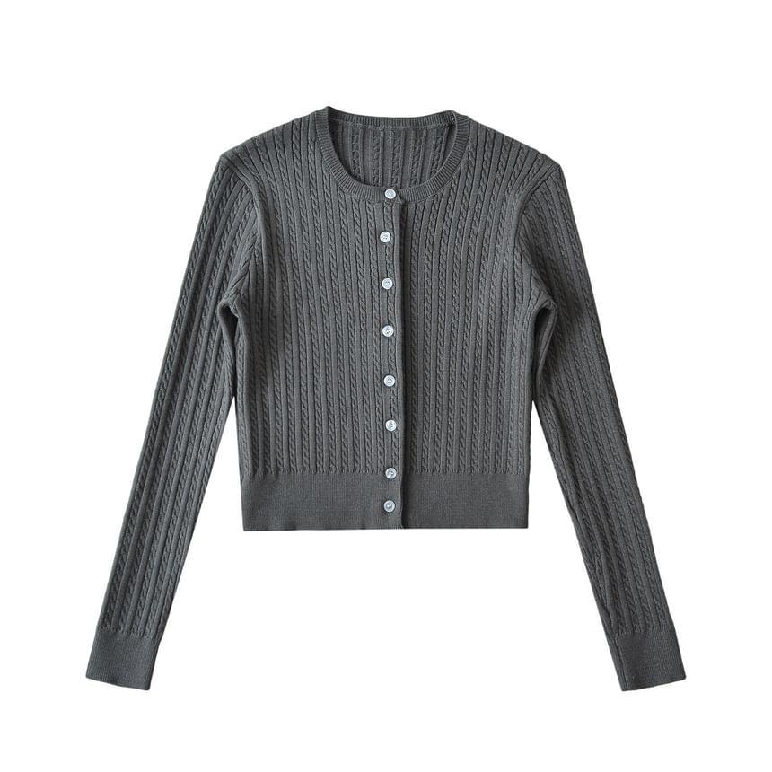 Round Neck Plain Cable Knit Cardigan Product Image