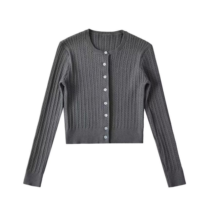 Round Neck Plain Cable Knit Cardigan Product Image