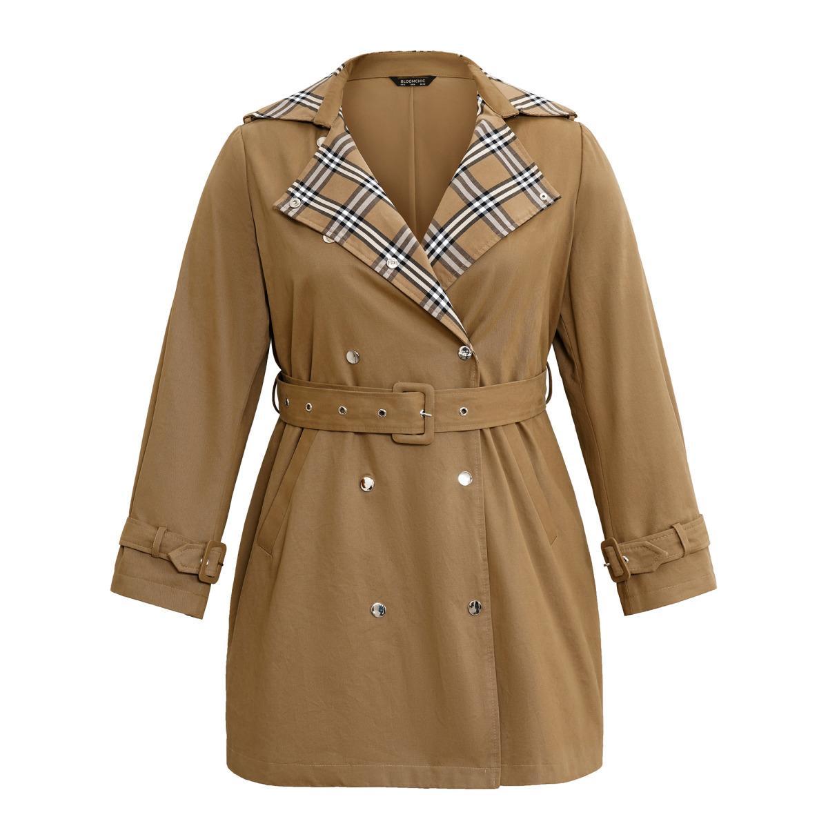 Plus Size Plaid Contrast Belted Double Breasted Coat Women Tan Elegant Lined Ladies Dailywear Winter Coats BloomChic 18-20/2X Product Image