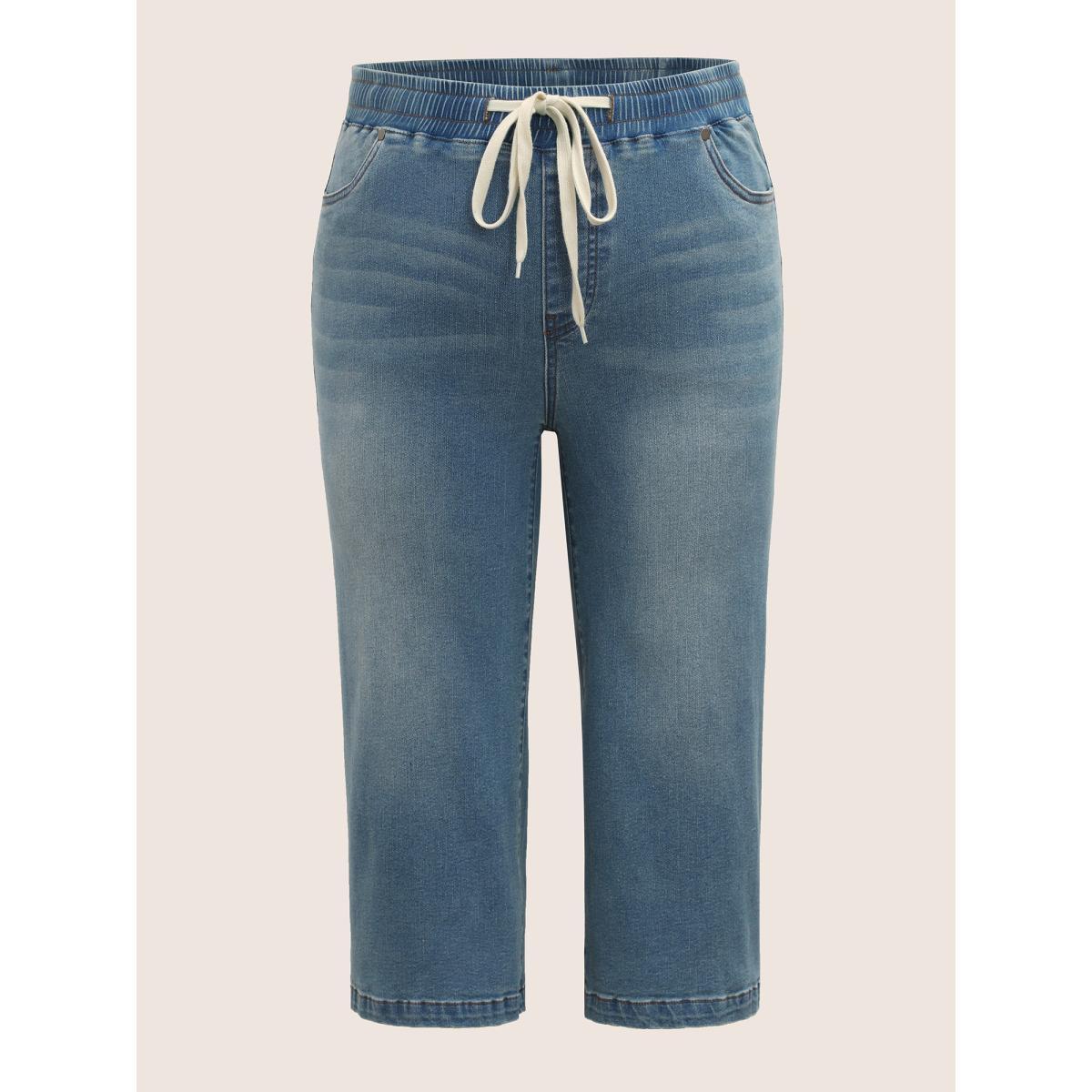 Plus Size Light Wash Drawstring Cropped Wide Leg Jeans Women Denimblue Casual Drawstring High stretch Slanted pocket Jeans BloomChic 30/6X Product Image