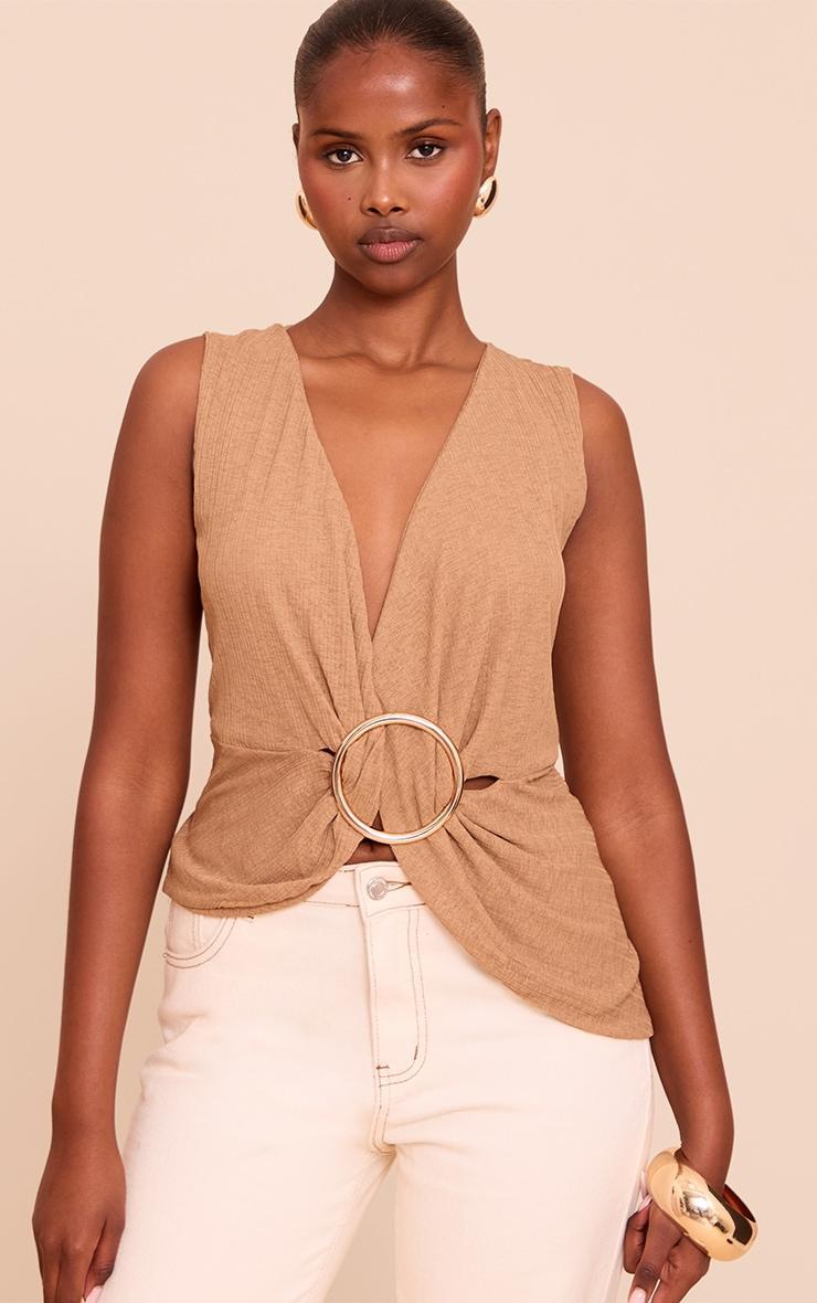 Mushroom Ribbed Onion Skin Trim Detail Plunge Top Product Image
