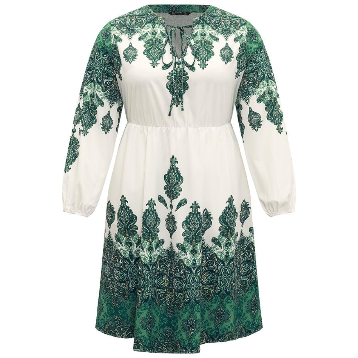 Plus Size Bandana Print Tie Neck Lantern Sleeve Dress Green Women Vacation Elastic cuffs Notched collar Long Sleeve Curvy Midi Dress BloomChic 14-16/1X Product Image