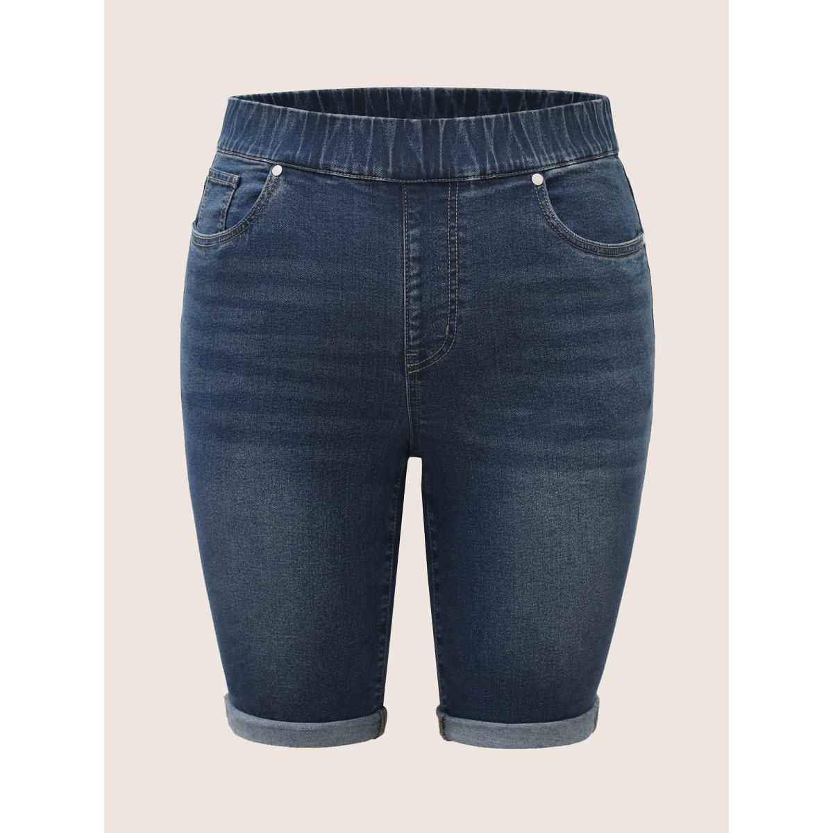 Plus Size Roll Hem Elastic Waist Dark Wash Denim Shorts Women Stone Roll Hem High stretch Everyday Slanted pocket Casual Denim Shorts BloomChic 30/6X Product Image