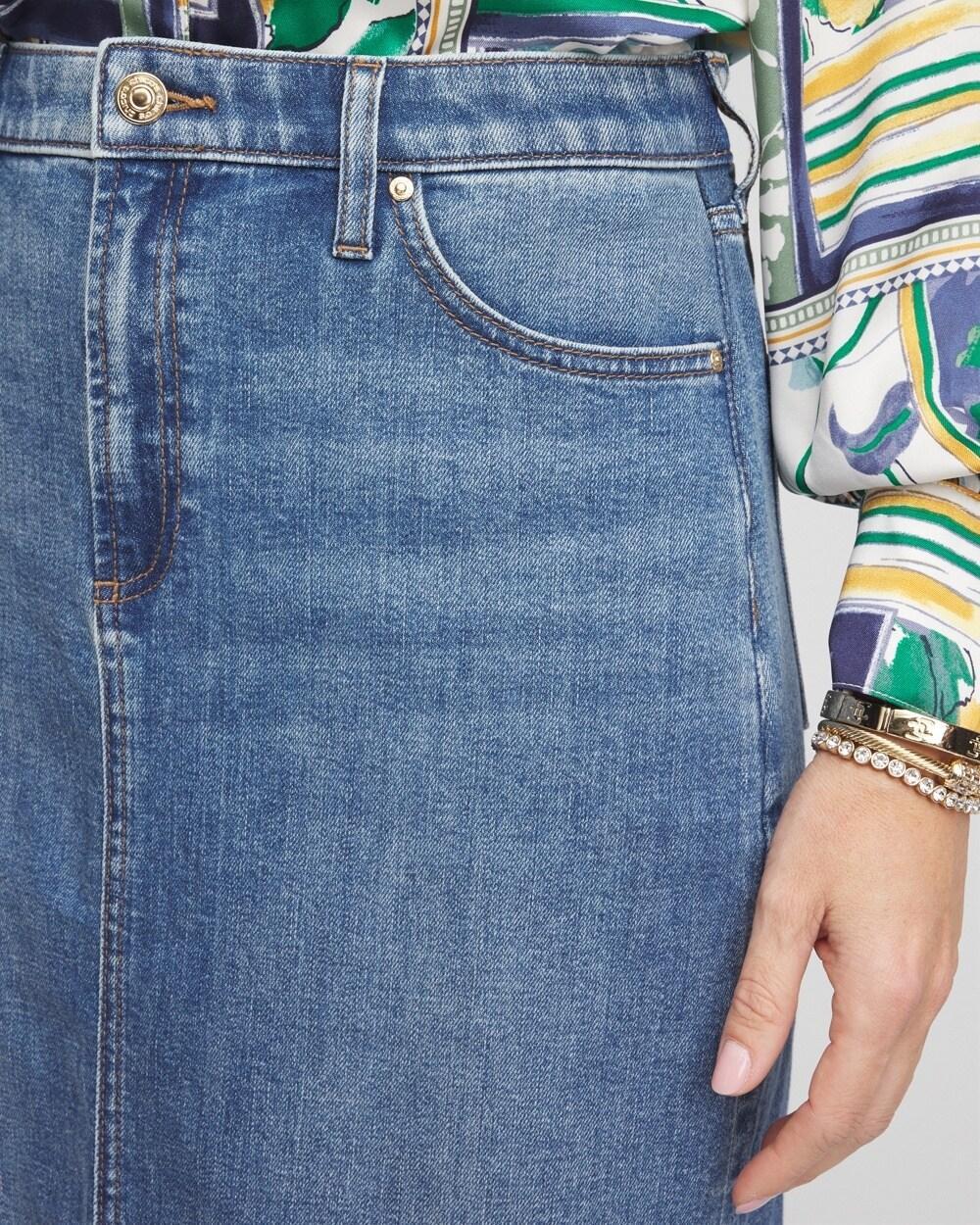 High-Rise Midi Stretch Denim Skirt Product Image