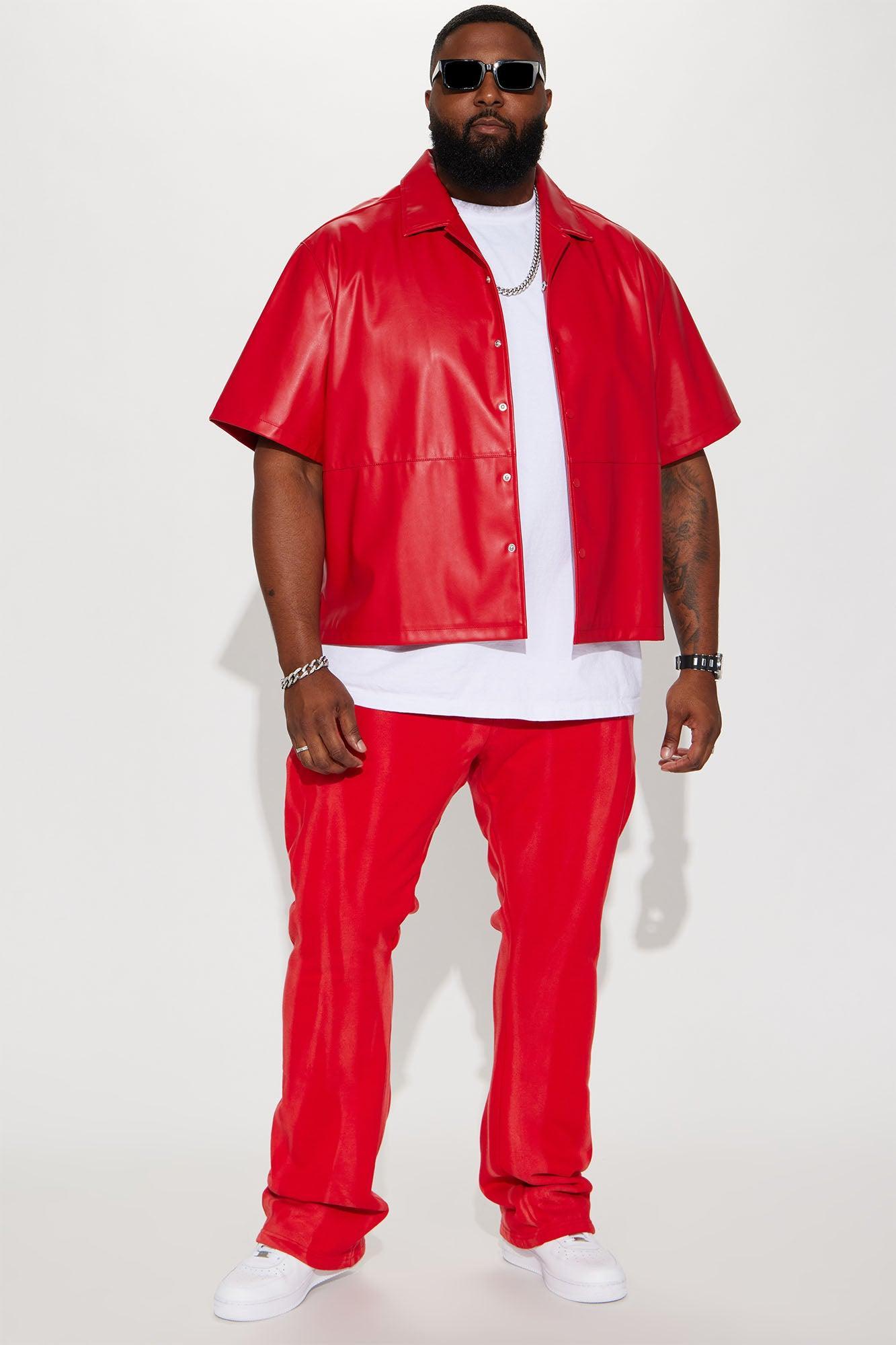 Slam Dunk Faux Leather Short Sleeve Button Up - Red Product Image