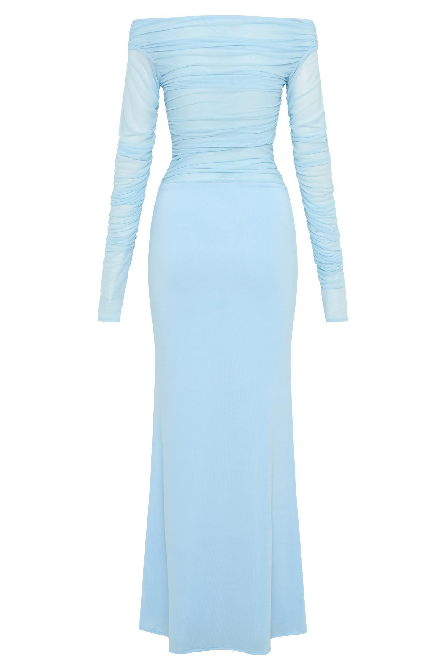 Darla Mesh And Slinky Off Shoulder Maxi Dress - Sky Blue Product Image