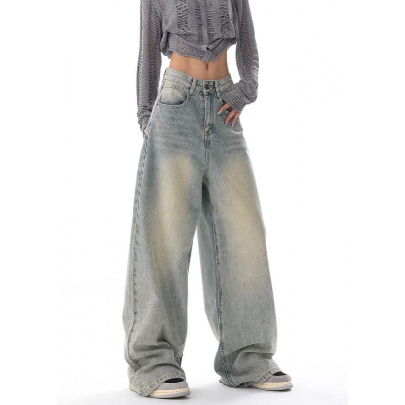 Low Waist Washed Loose-Fit Wide-Leg Jeans Product Image